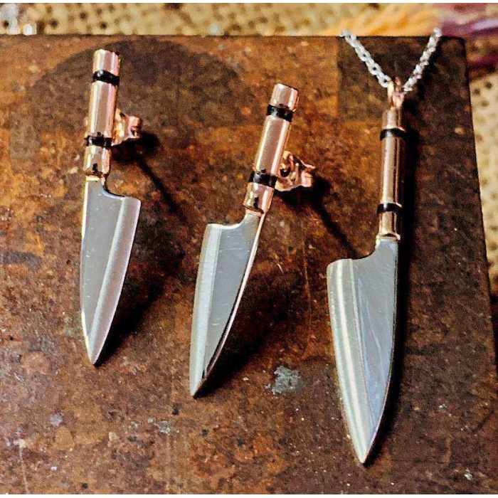 Gümüş Çift Yivli Bıçak Kolye ve Çift Küpe Set (BG-SET-052)