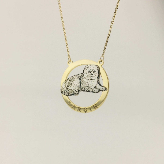 Kişiye Özel Kedi Desenli Gümüş Kolye (BG-KLY-198)
