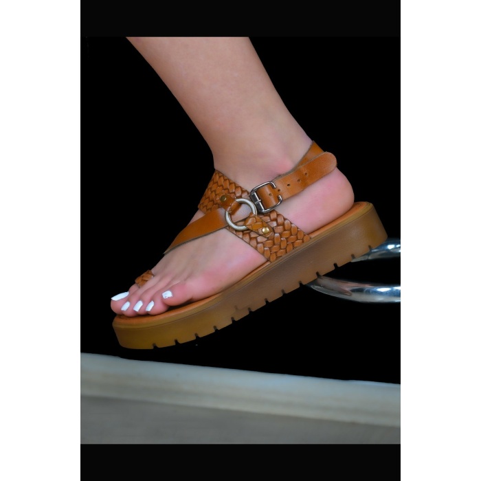 KADIN SANDALET HAKİKİ DERİ BASKILI TABA