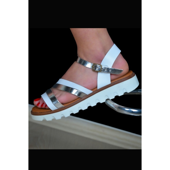 KADIN SANDALET HAKİKİ DERİ BEYAZ - GRİ