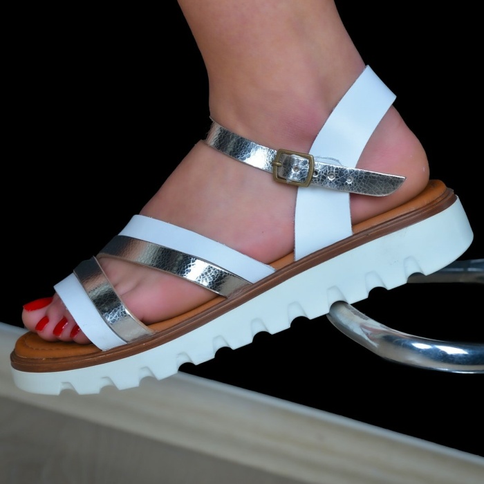 KADIN SANDALET HAKİKİ DERİ BEYAZ - GRİ