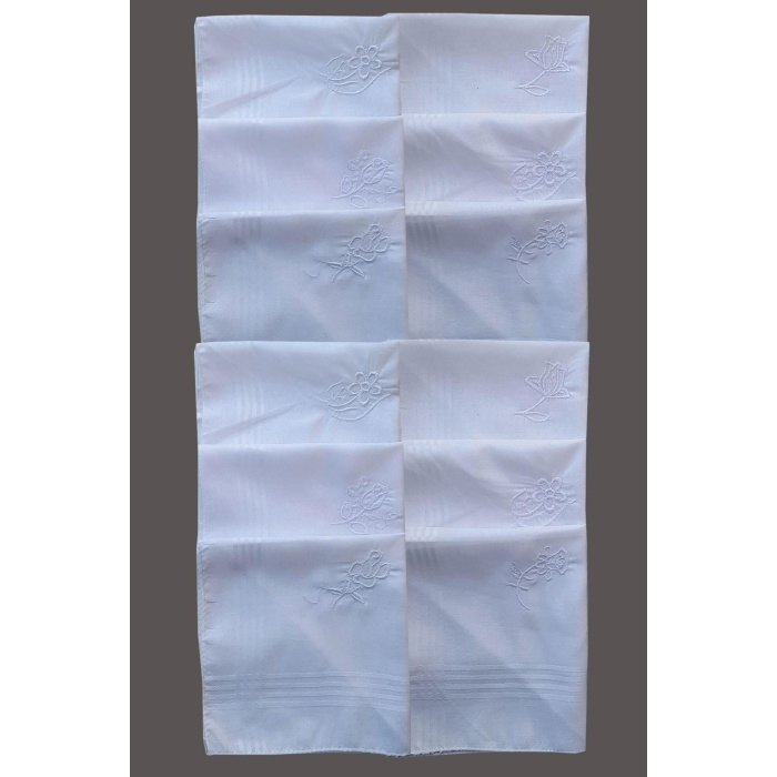 Çiçek İşlemeli Bayan Mendili 12 Adet 28x28 cm %100 Pamuk