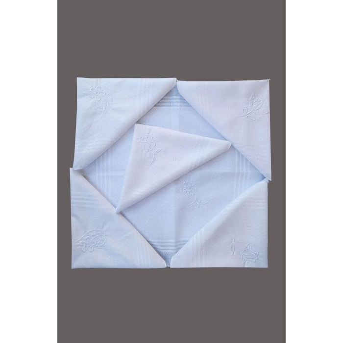 Çiçek İşlemeli 6 lı Bayan Beyaz Mendili 28x28 cm %100 Pamuk