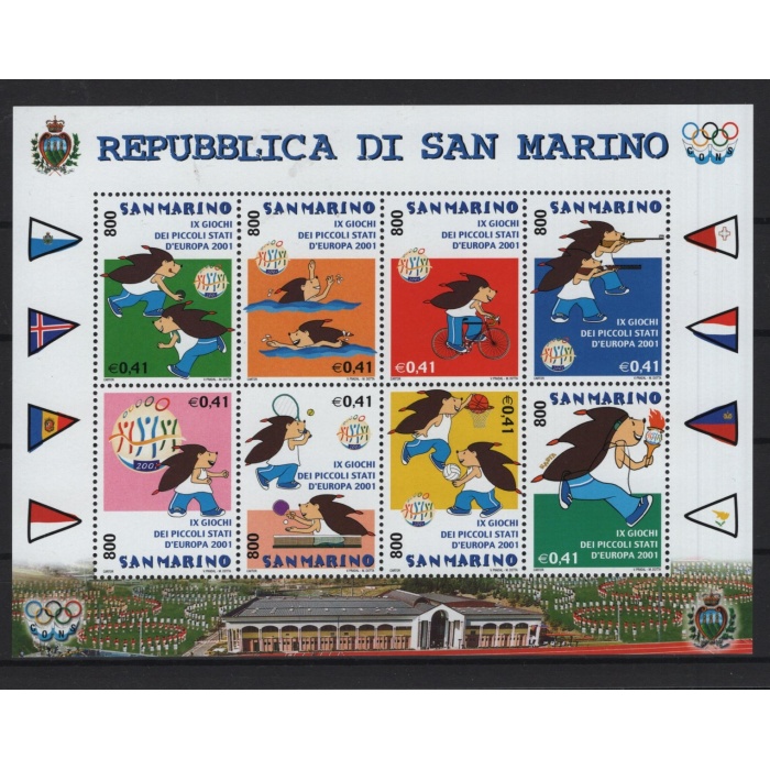 OLİMPİYATLAR-ÇİZGİ KARAKTERLER-2001 SAN MARINO-DAMGASIZ MNH BLOK-NOMİNAL 3,28 EURO