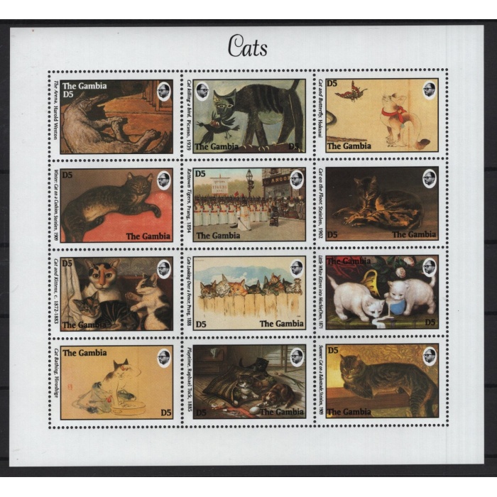 KEDİLER TEMALI TABLOLAR-1994 GAMBIA-DAMGASIZ MNH BLOK