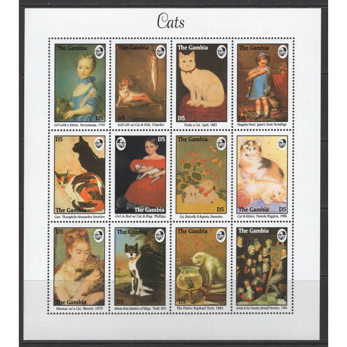 KEDİLER TEMALI TABLOLAR-1994 GAMBIA-DAMGASIZ MNH BLOK