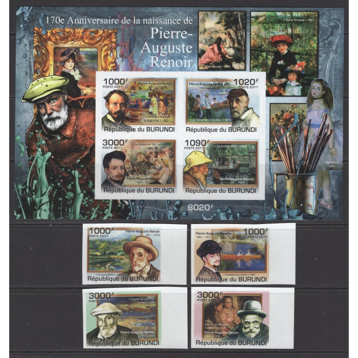 TABLOLAR-RENOIR-2011 BURUNDI-DAMGASIZ MNH BLOK + TAM SET-DANTELSİZ