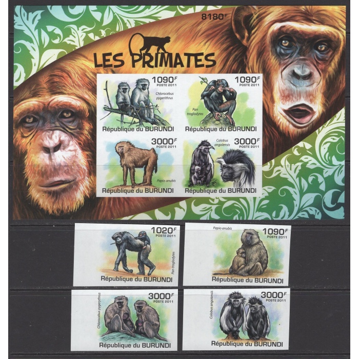 HAYVANLAR-PRİMATLAR-2011 BURUNDI-DAMGASIZ MNH BLOK + TAM SET-DANTELSİZ