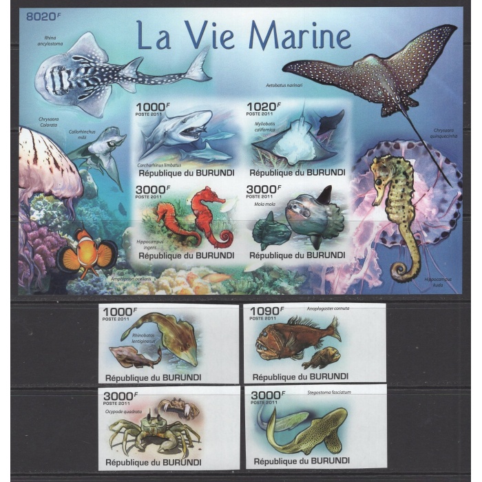 BALIKLAR-2011 BURUNDI-DAMGASIZ MNH BLOK + TAM SET-DANTELSİZ
