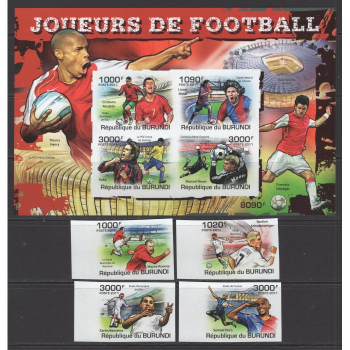 SPOR-FUTBOL-RONALDO-MESSI-HENRY-2011 BURUNDI-DAMGASIZ MNH BLOK + TAM SET-DANTELSİZ