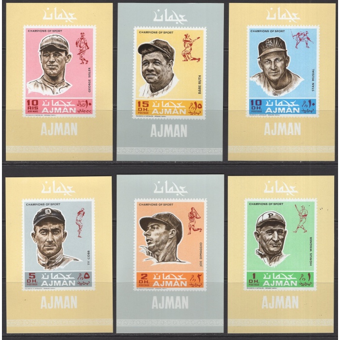 BEYZBOL OYUNCULARI-1969 AJMAN-DAMGASIZ MNH 6 ADET MİNİ BLOK TAM TAKIM