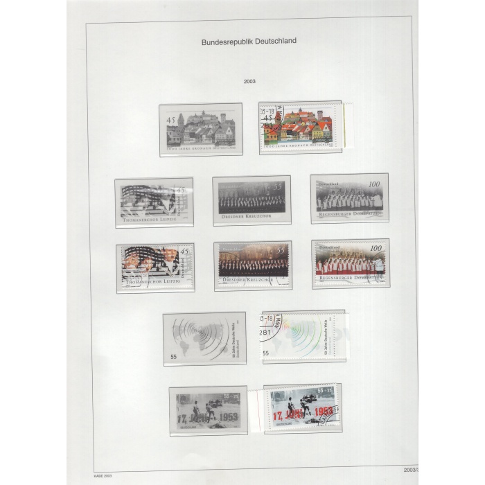2003/ 2005 ARASI ALMANYA DAMGALI KOLEKSİYON-MICHEL KD: 350 EURO-16 TELLİ KABE ALBUMDE DAMGALI + DAMGASIZ KOLEKSİYON OLACAK SEKİLDE HAVİDLER DİZİLMİS, FAKAT SADECE DAMGALI PULLAR VAR, DAMGASIZ PULLARIN KONULACAĞI HAVİDLER BOŞ
