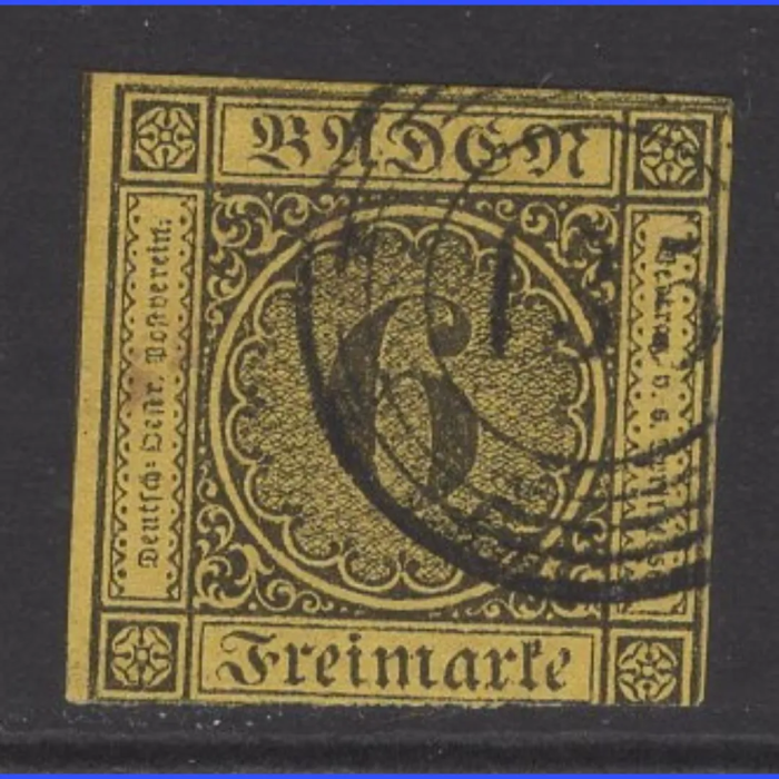 ALMAN EYALETLERİ-BADEN-1851 DAMGALI PUL-MICHEL #3-KD: 60 EURO