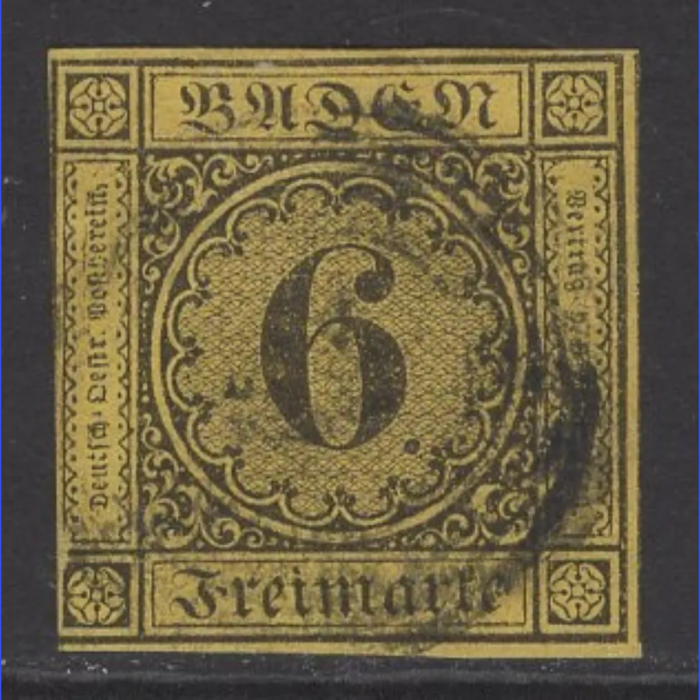 ALMAN EYALETLERİ-BADEN-1851 DAMGALI PUL-MICHEL #3-KD: 60 EURO