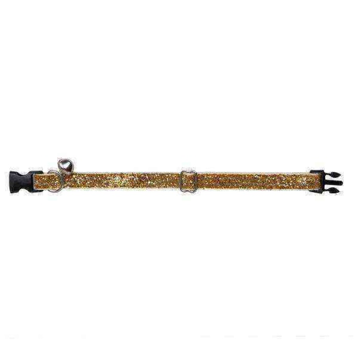 Simli Kadife Zilli Ayarlanabilir Kedi Boyun Tasması 22-30 cm Altın