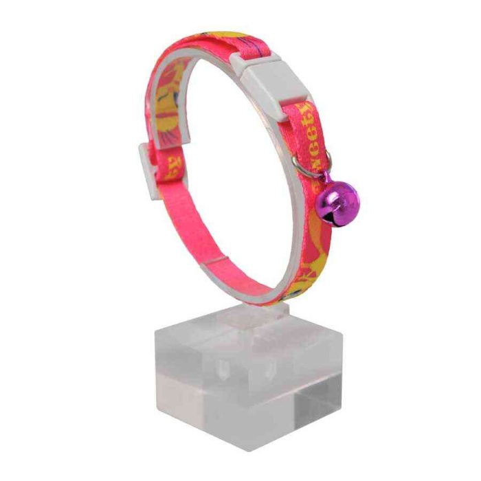 Tweety Pembe Sarı Desenli Güvenlik Kilitli Ayarlanabilir Yumuşak Doku Kedi Boyun Tasması 22-30 cm