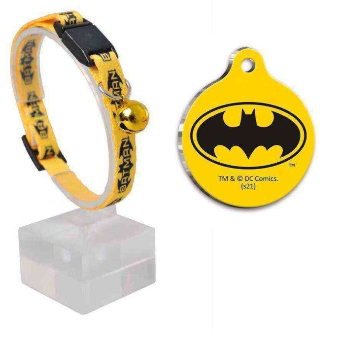 Batman Sarı Desenli Güvenlik Kilitli Ayarlanabilir Yumuşak Doku Kedi Boyun Tasması+ Batman Çelik Kaplama Künye