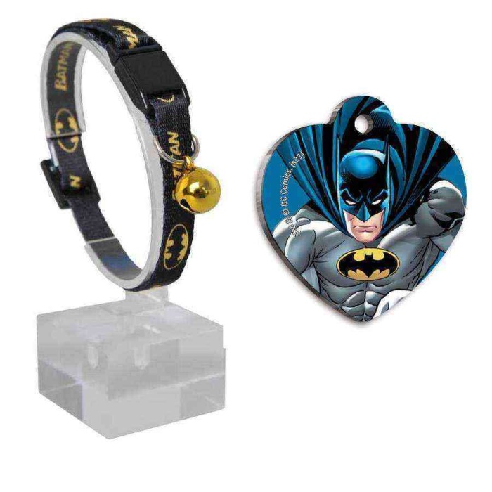 Batman Siyah Desenli Güvenlik Kilitli Ayarlanabilir Kedi Boyun Tasması 22-30 cm+;Batman Çelik Kaplama Künye
