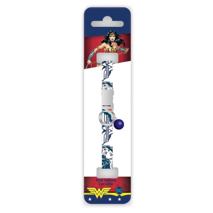 Wonder Woman Beyaz Lacivert Desenli Güvenlik Kilitli Ayarlanabilir Yumuşak Doku Kedi Boyun Tasması 22-30 cm