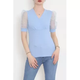 Kolları Tüllü Kruvaze Bluz Mavi