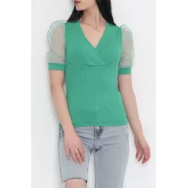 Kolları Tüllü Kruvaze Bluz Koyuyeşil