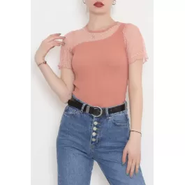 Önü Kolu Tüllü Bluz Koyupudra