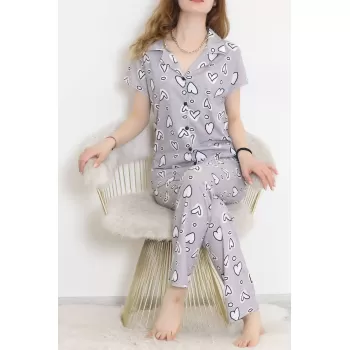 Desenli Pijama Takımı Gribeyaz