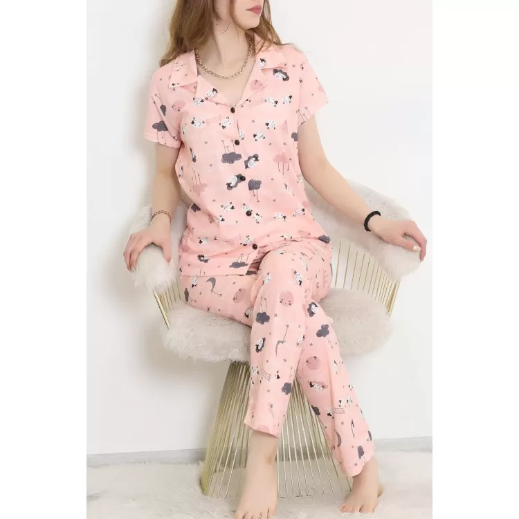 Desenli Pijama Takımı Pudra