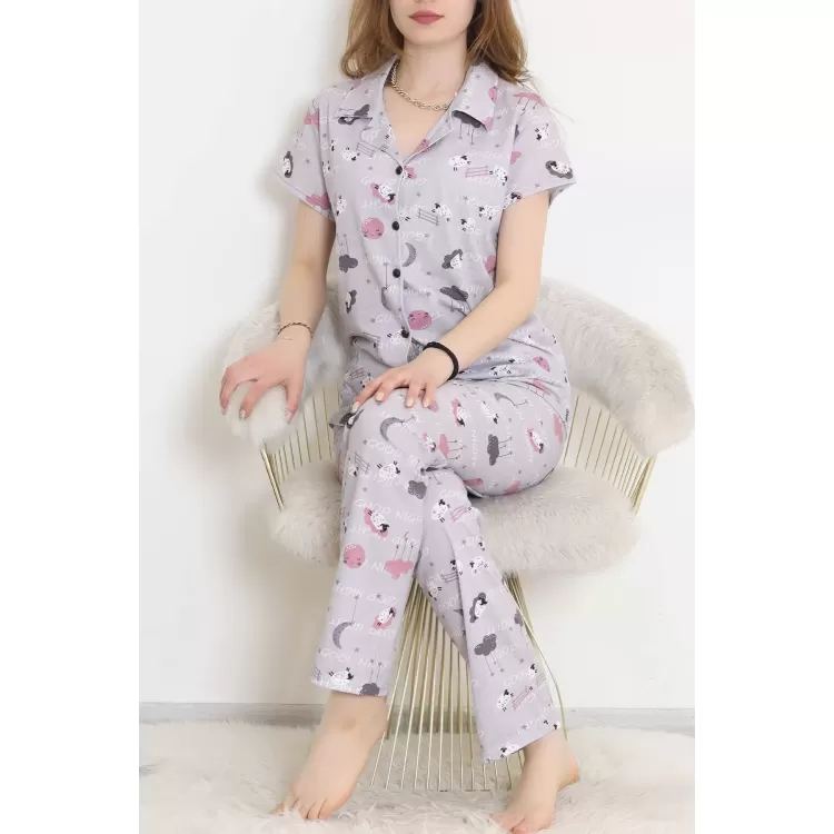 Desenli Pijama Takımı Gri