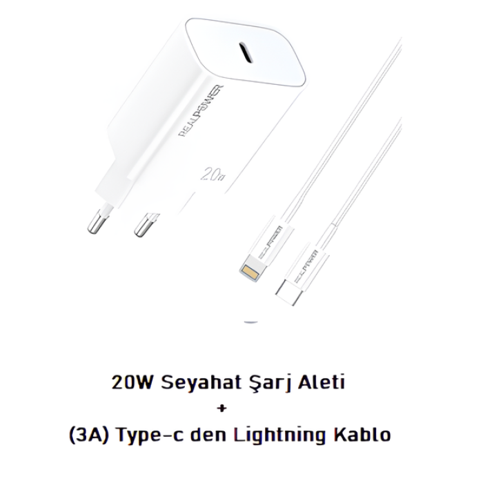 Realpower 20W Seyahat Şarj Aleti Type-C + (3A) Type-c den Lightning Kablo