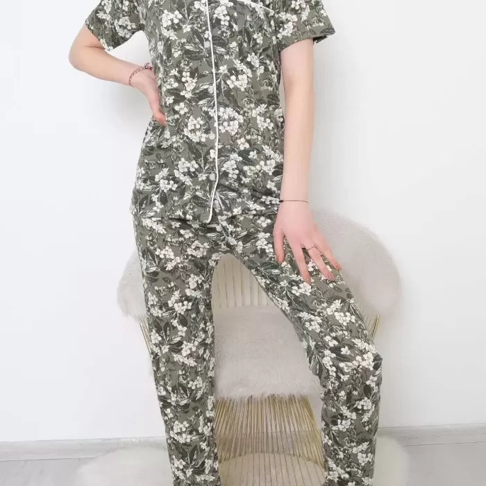 Düğmeli Pijama Takımı Çiçeklihaki