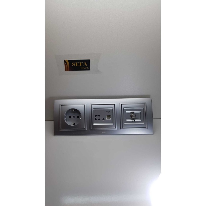 Zena Metalik gri/telefon prizi/uydu prizi/topraklı priz çerçeveli üçlü takım elbi silverline serisi