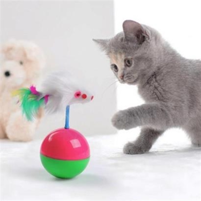 Kedi Oyun Topu Tüylü Fareli Hacı Yatmaz Eğitici Yavru Kedi Fare Kovalama Oyuncağı