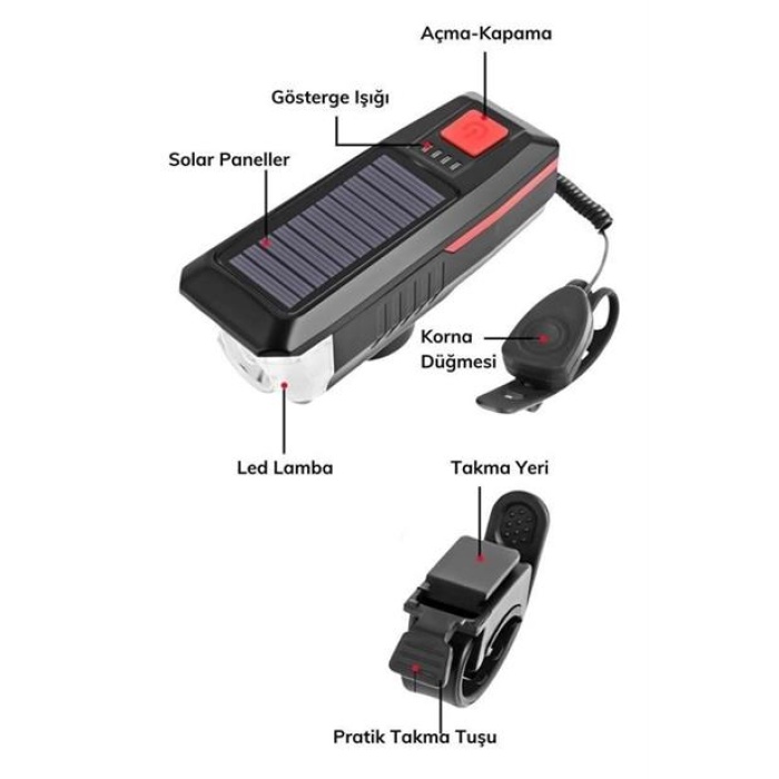 Solar Enerjili USB ile Şarj Edilebilir Ledli Bisiklet Feneri Kornalı ve Su Geçirmez Far