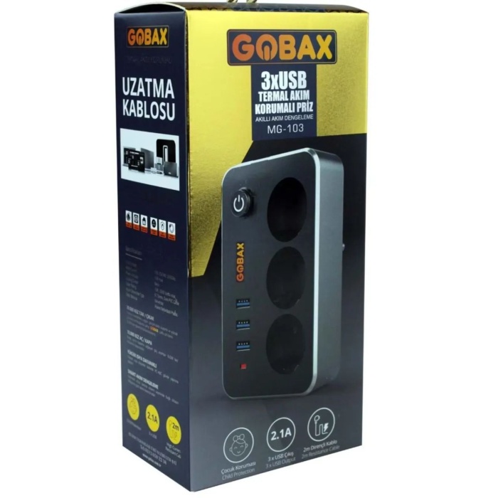 GOBAX Mg-103 3xusb 2.1a 3x Priz Anahtarli Termal Akim Korumali Priz 2m Kablo