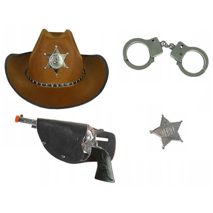 Çocuk Boy Kahverengi Şerif-Kovboy Şapka Tabanca Rozet ve Kelepçe Seti 4 Parça