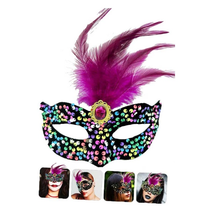 Siyah Kadife Üzeri Rengarenk Payetli Pullu Pembe Tüylü Pembe Taşlı Parti Maskesi 19x21 cm