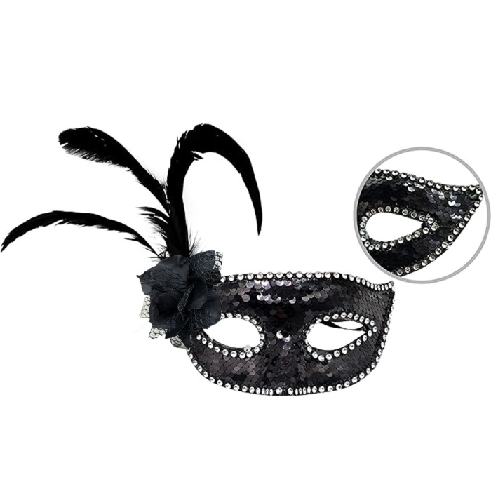 Siyah Renk Yandan Tüylü Güllü Gümüş Taşlı Pullu Maske 20x22 cm