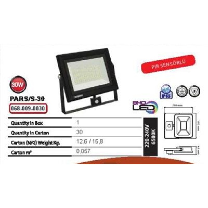 Horoz Pars/S-30 30W 62x182x210 Ledli Pir Sensörlü Projektör