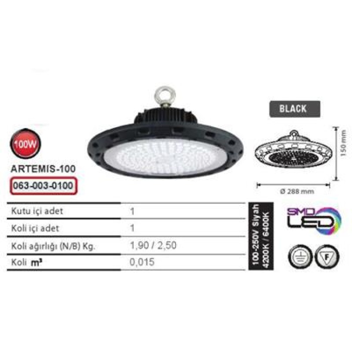 Horoz Artemis-100 100W IP65 150x288mm Smd Ledli Yüksek Tavan Armatürü