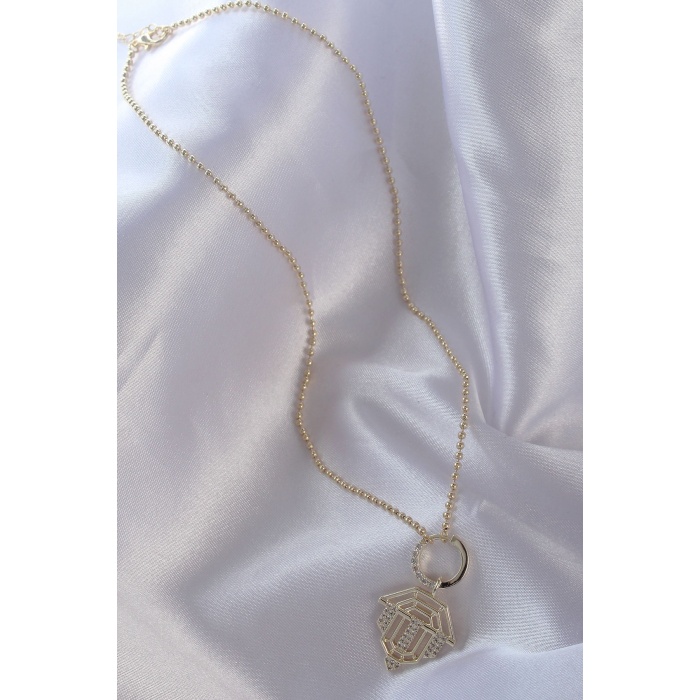 Pirinç Zirkon Taşlı Gold Renk Oval Detaylı Serenay Kolyesi - TJ-BKO8838