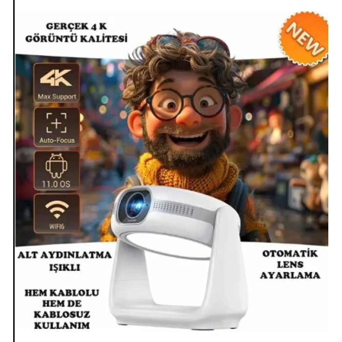 Taşınabilir Şarjlı Sinema Projektörü 4k Şarjlı Bluetooth Android Akıllı Hoparlörlü Işıklı Gerçek 4k