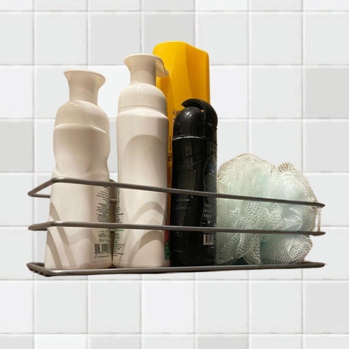 Kendiliğinden Yapışkanlı Krom Paslanmaz Metal Şampuanlık Banyo Düzenleyici Raf (4915)