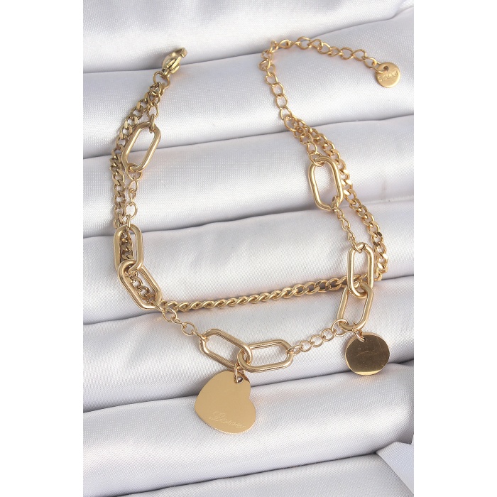 316L Çelik Gold Renk 2Li Zincir Model Sallantı Kalp Figür Kadın Bileklik - TJ-BB6953