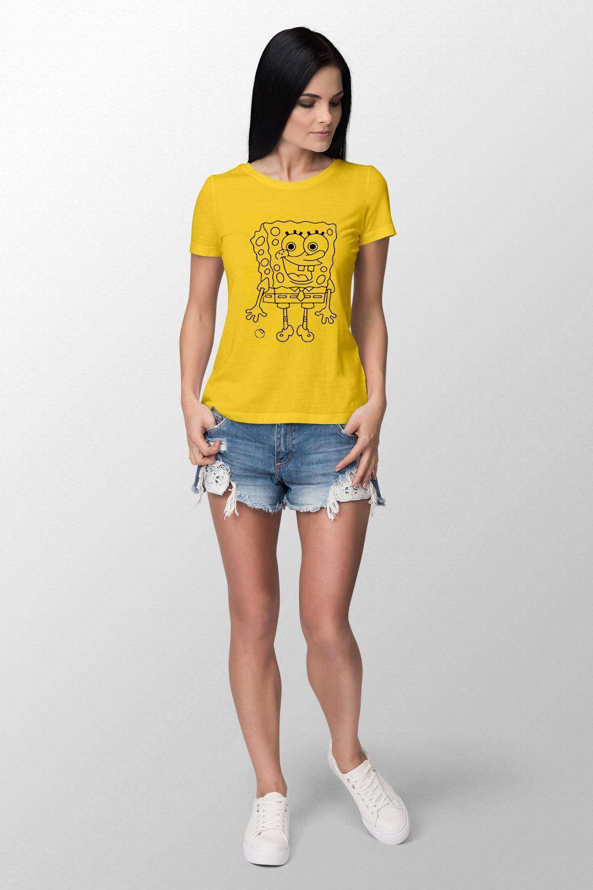 Baskılı Dar Kesim Kadın Sarı t-shirt