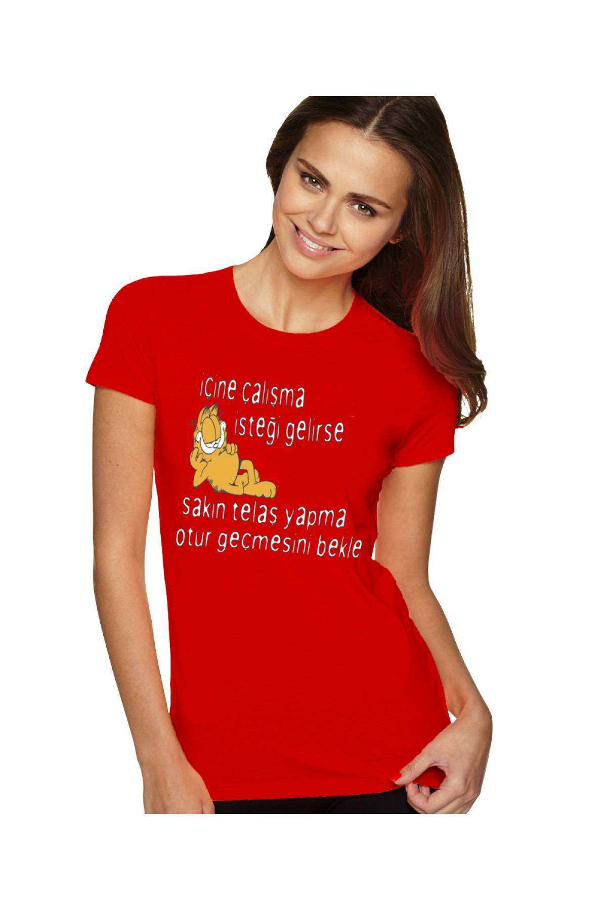 Komik Kedi Baskılı Dar Kesim Kadın Kırmızı t-shirt