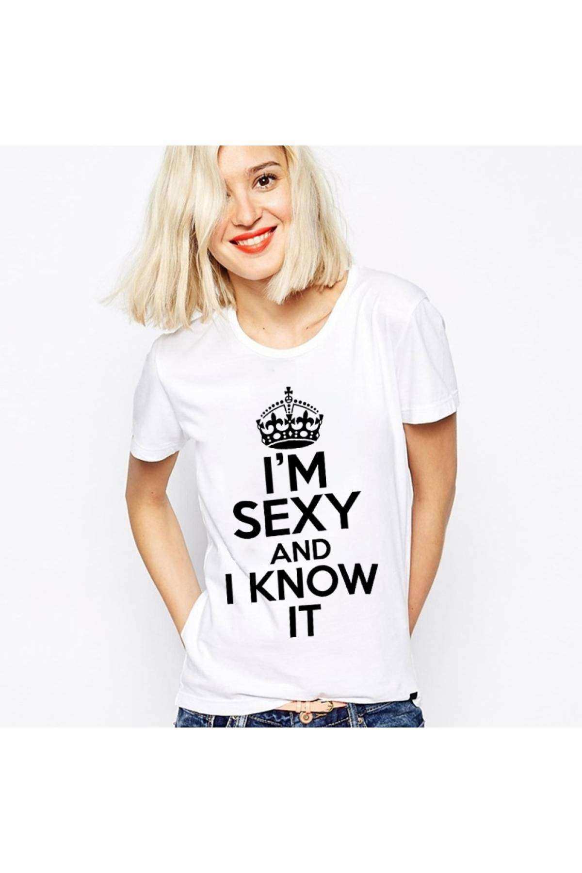 I Know it Baskılı Dar Kesim Kadın Beyaz t-shirt