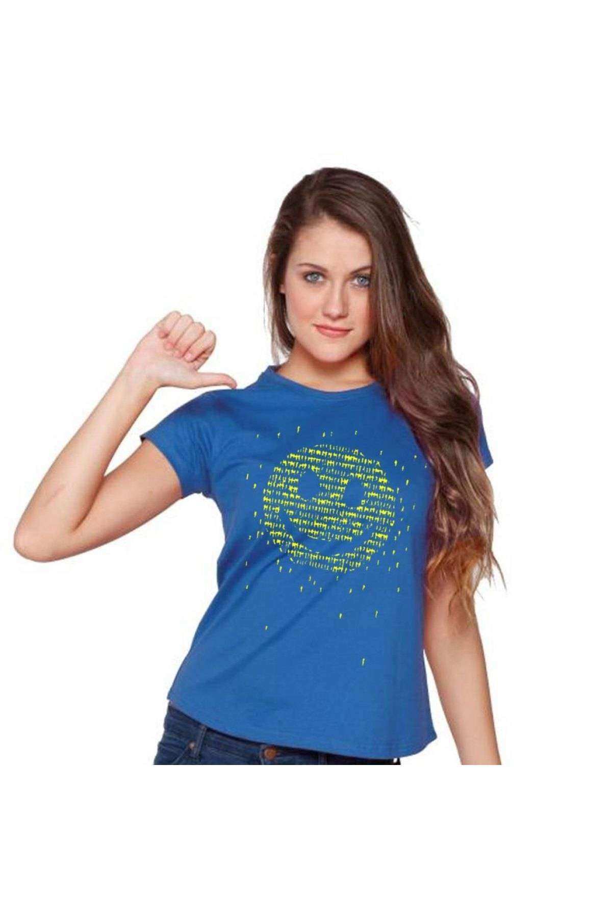 Smile Humans Baskılı Dar Kesim Kadın Mavi t-shirt
