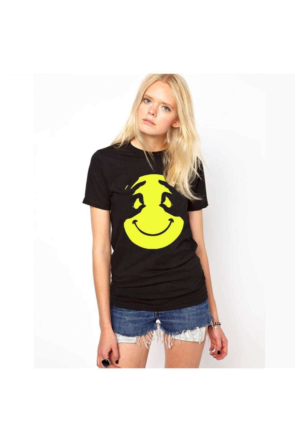 Smile Hand Baskılı Dar Kesim Kadın Siyah t-shirt