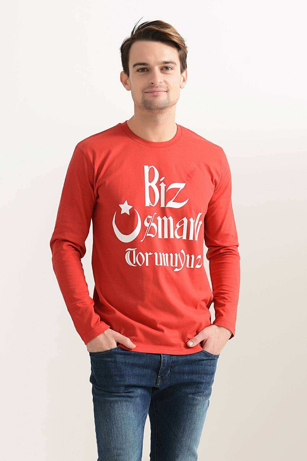 Tshirthane Biz Osmanlı Torunuyuz Baskılı Kırmızı Erkek Sweatshirt Uzun kol